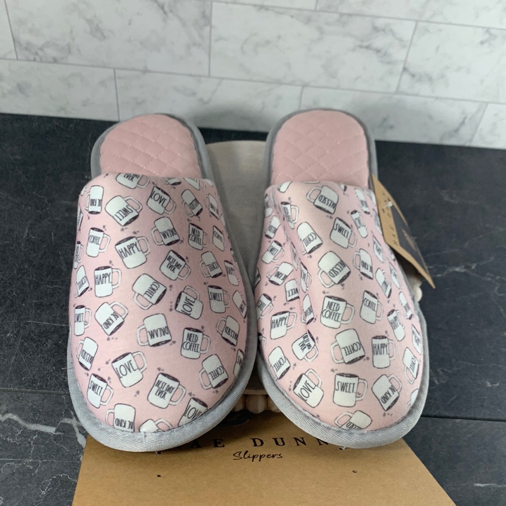 SealedNWT Rae Dunn slippers size L pink with mugs pattern on it HAPPY COFFEE B…